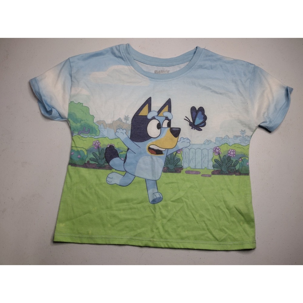 Bluey Kids T Shirt Size 6‎ Cartoon Character Blue Butterfly Garden Graphic Tee